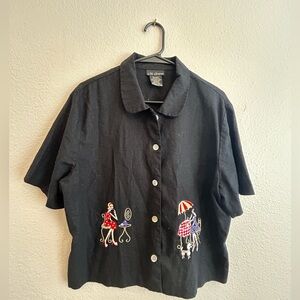 Citi Dress, 90s Black Button Down Shirt with Embroidered Design